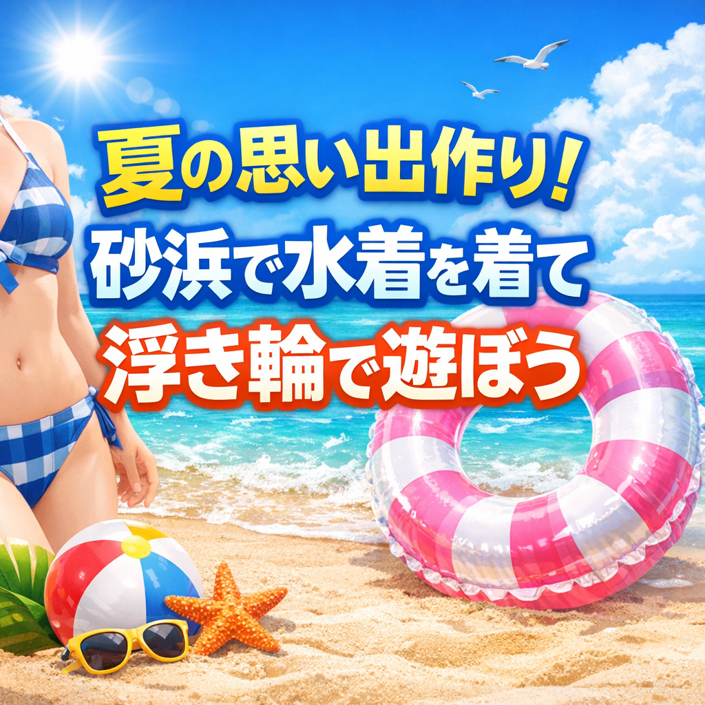夏の思い出作り！砂浜で水着を着て浮き輪で遊ぼう